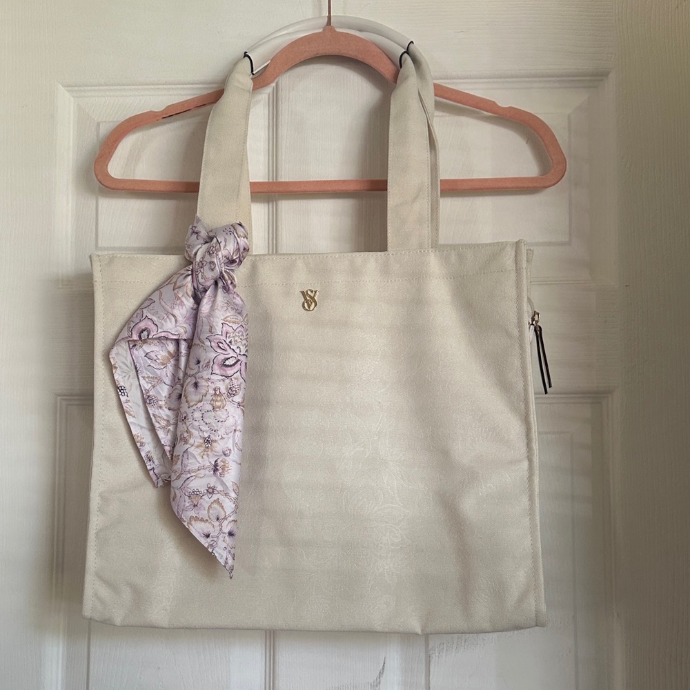 Victoria's Secret Ivory Tote with Purple Accent Scarf